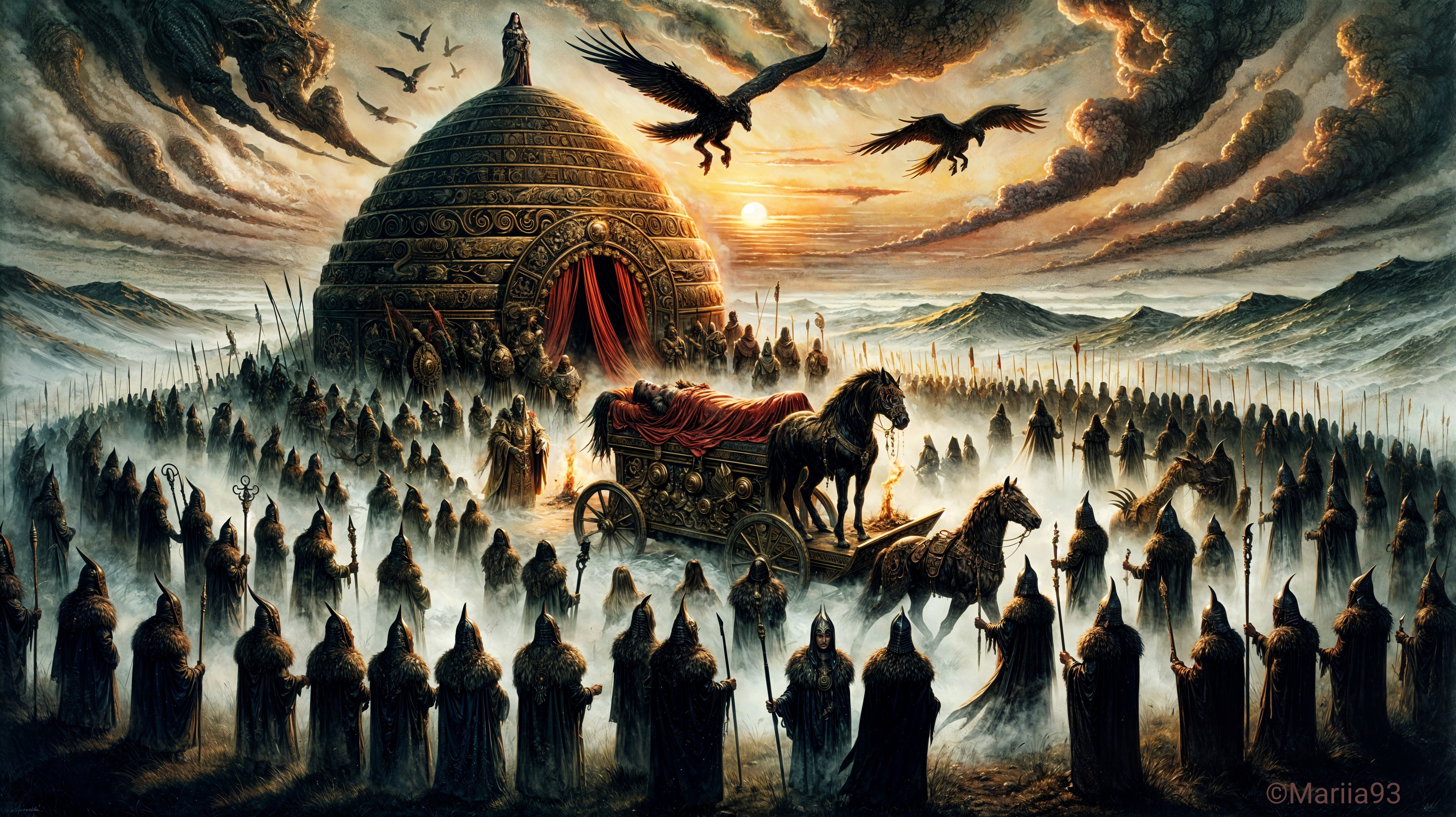 Ceremonial Scene with Warriors and Majestic Structure