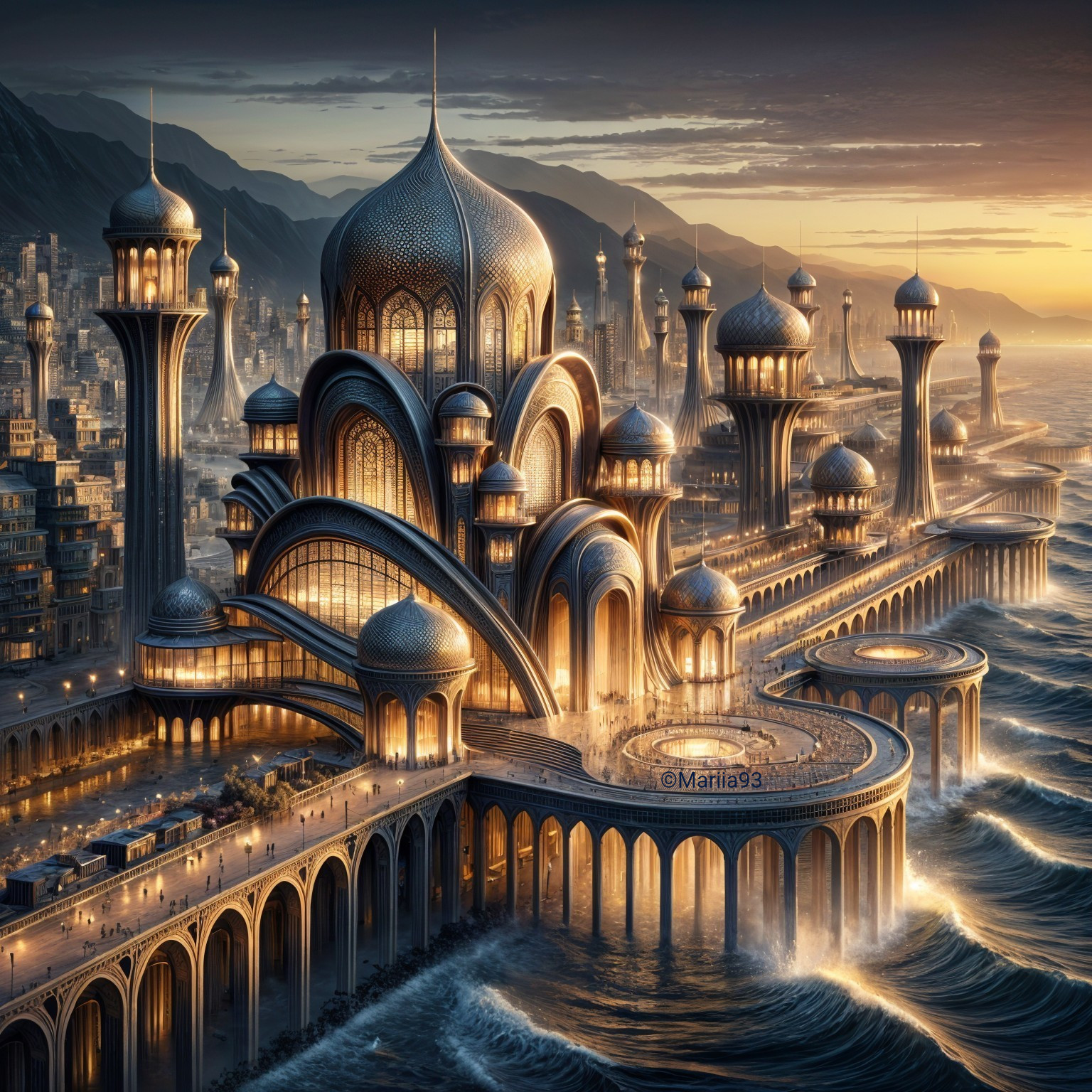 Fantastical Cityscape at Sunset with Shimmering Architecture