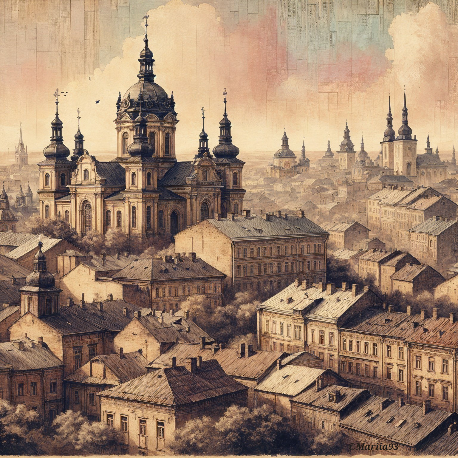Cityscape with Historical Architecture and Grand Church