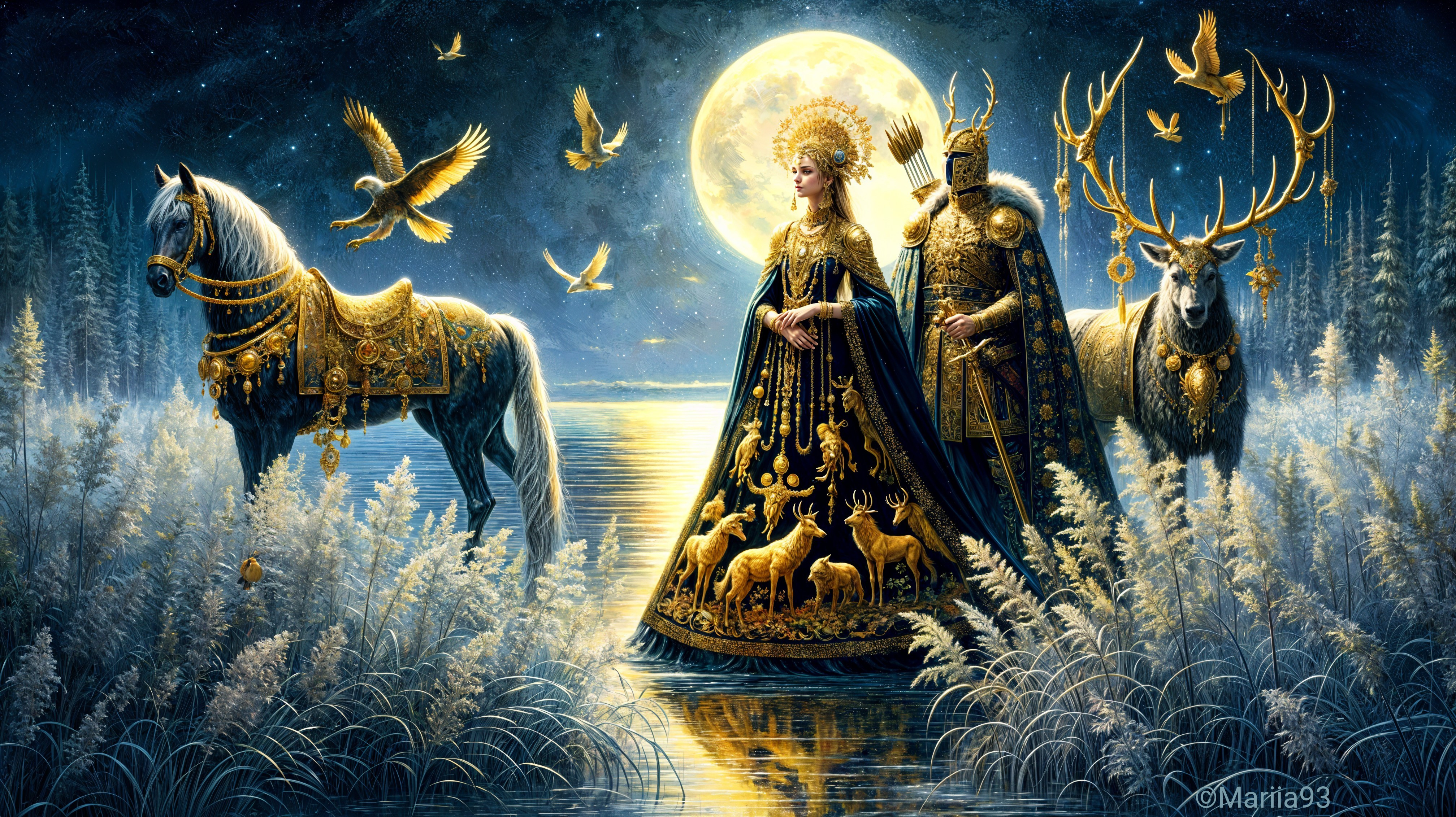 Moonlit Scene of Regal Couple by Tranquil Water