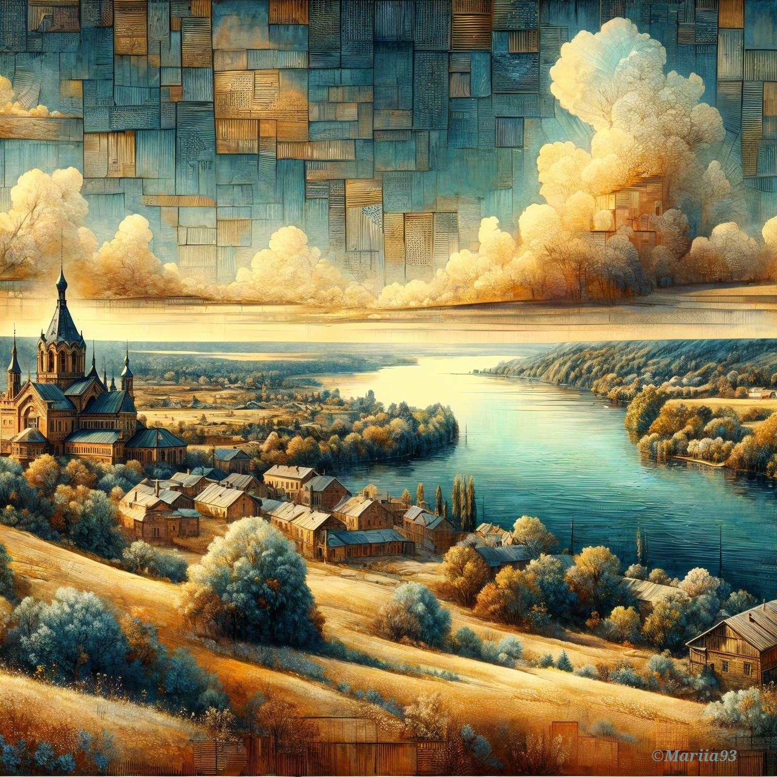 Tranquil River and Village Landscape with Church Dome
