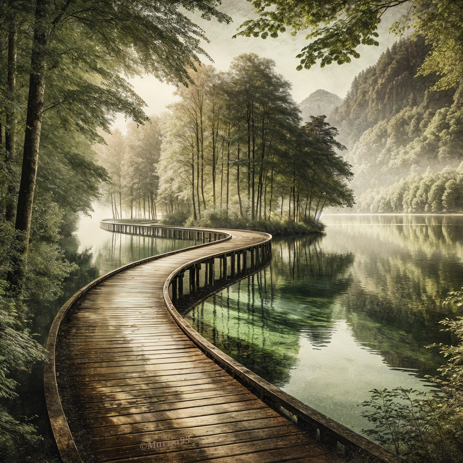 Wooden Pathway Through Lush Greenery and Water