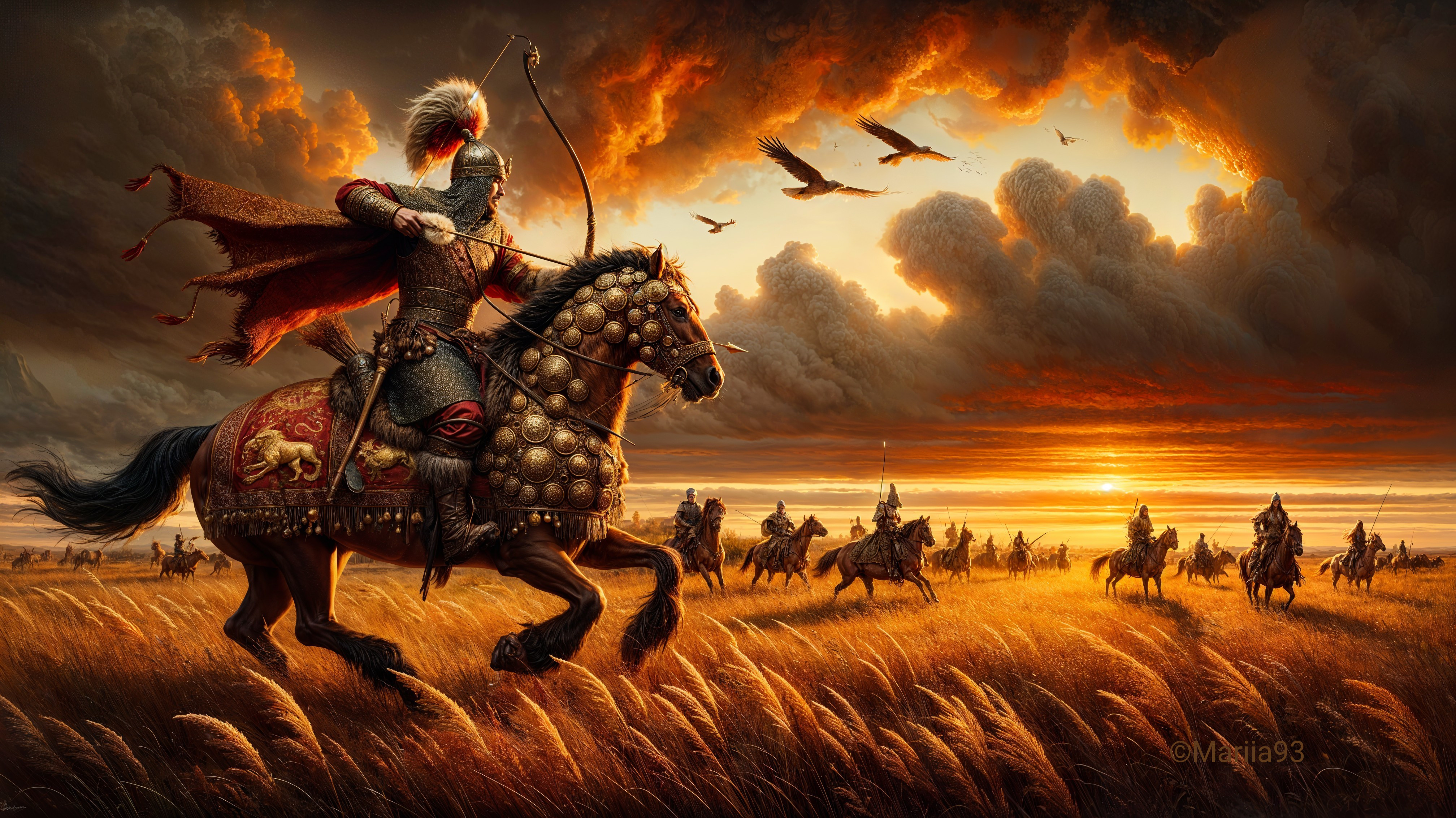 Majestic warrior on steed in golden field at sunset