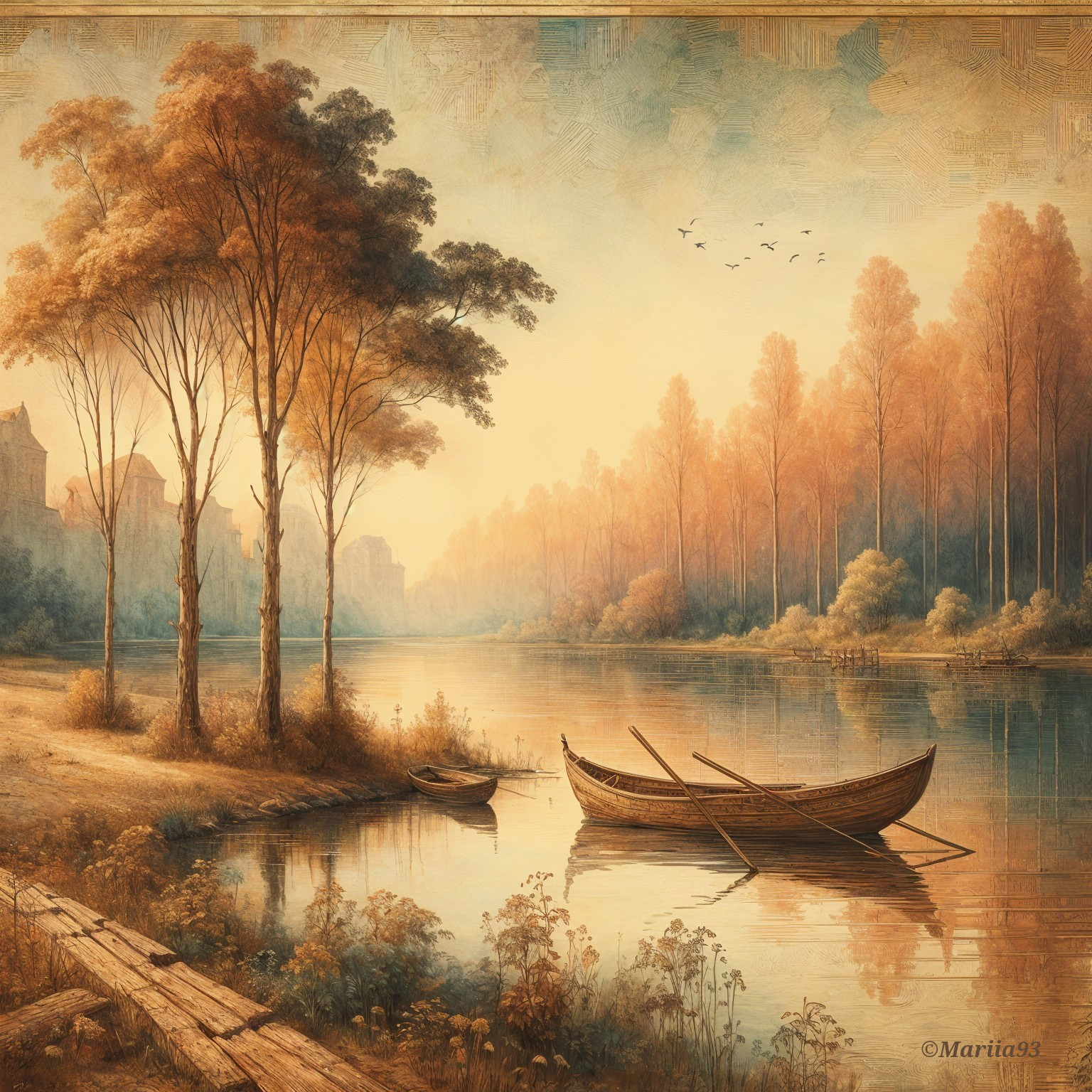 Serene Landscape with Autumn River and Trees