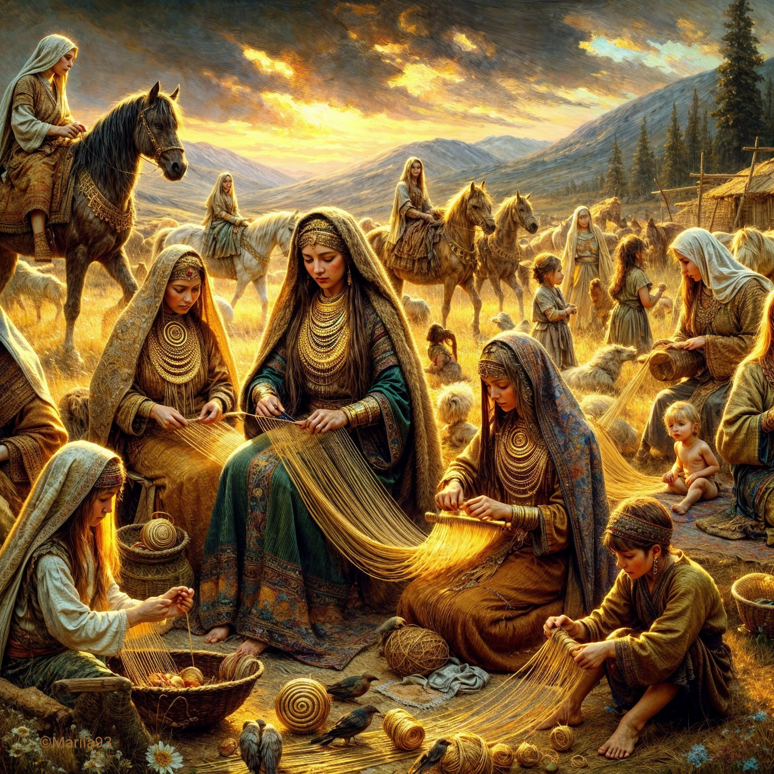 Traditional Weaving Scene with Community Life Elements