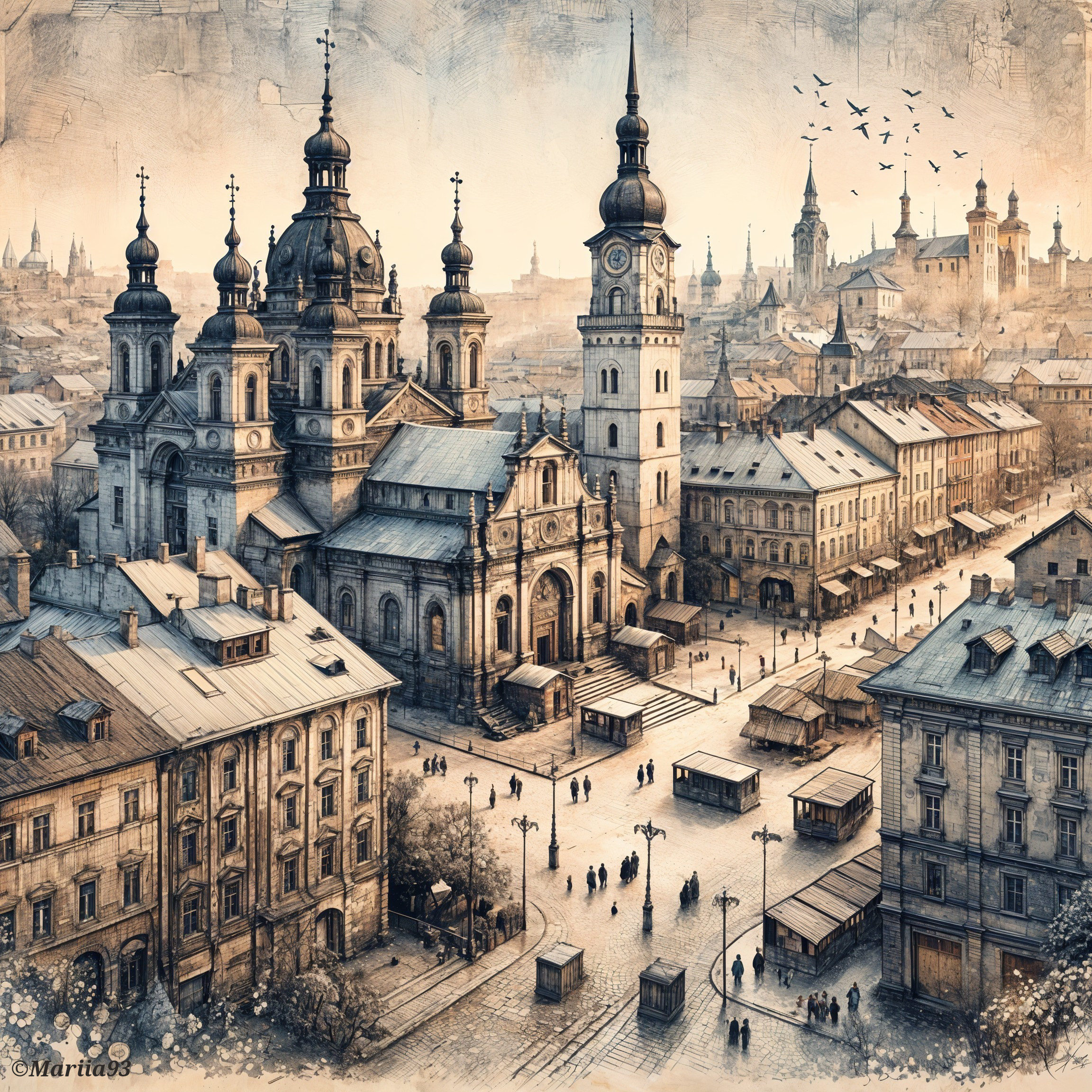 Picturesque cityscape with ornate architecture and squares