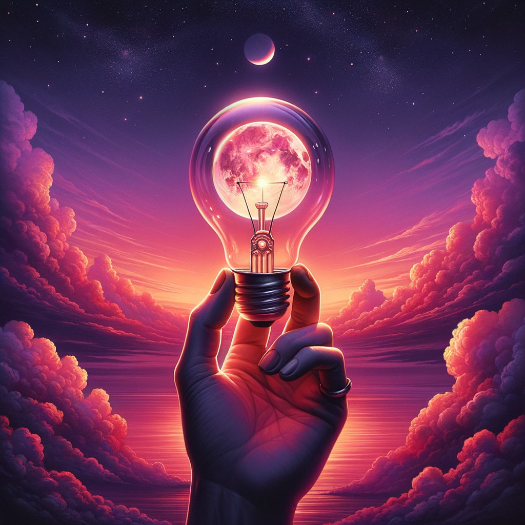 Hand Holding Glowing Lightbulb with Moon and Sky Scene