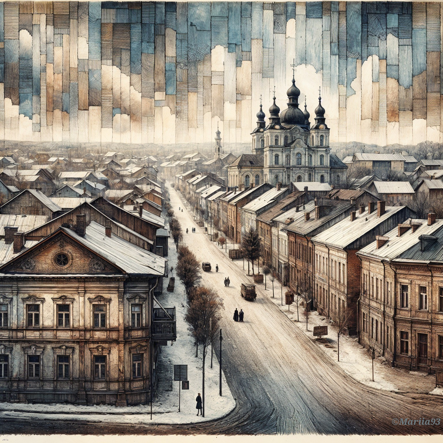 Winter Street Scene with Historical Buildings and Church