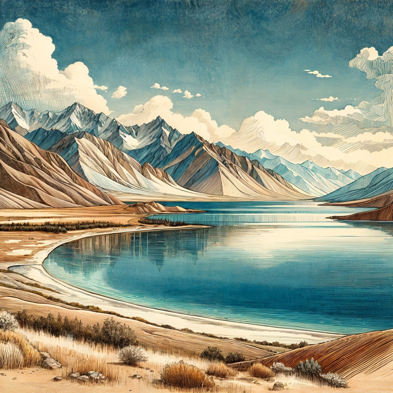 Tranquil Lake Surrounded by Majestic Mountains
