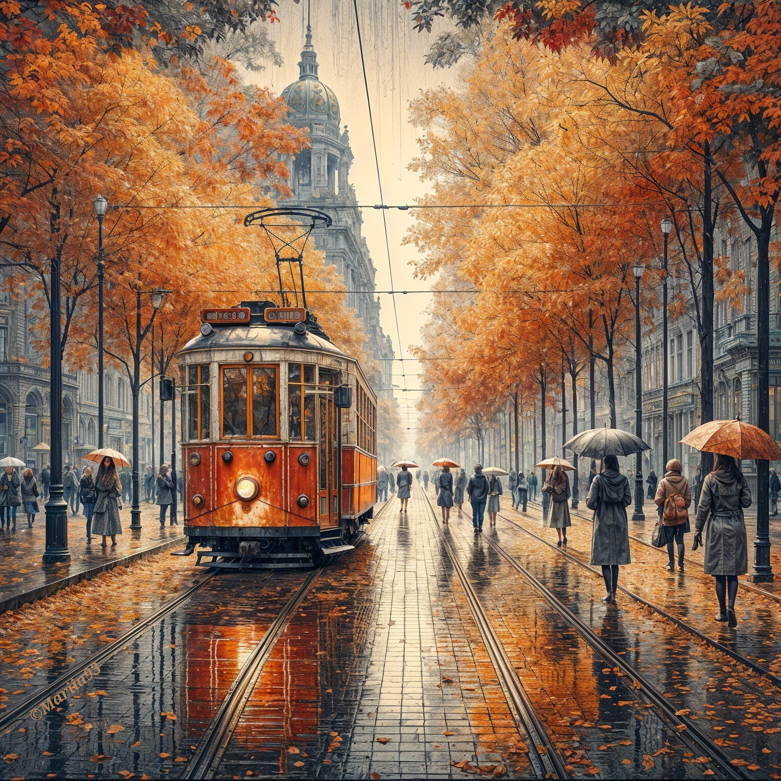 Vintage Tram on Rainy Street with Autumn Foliage