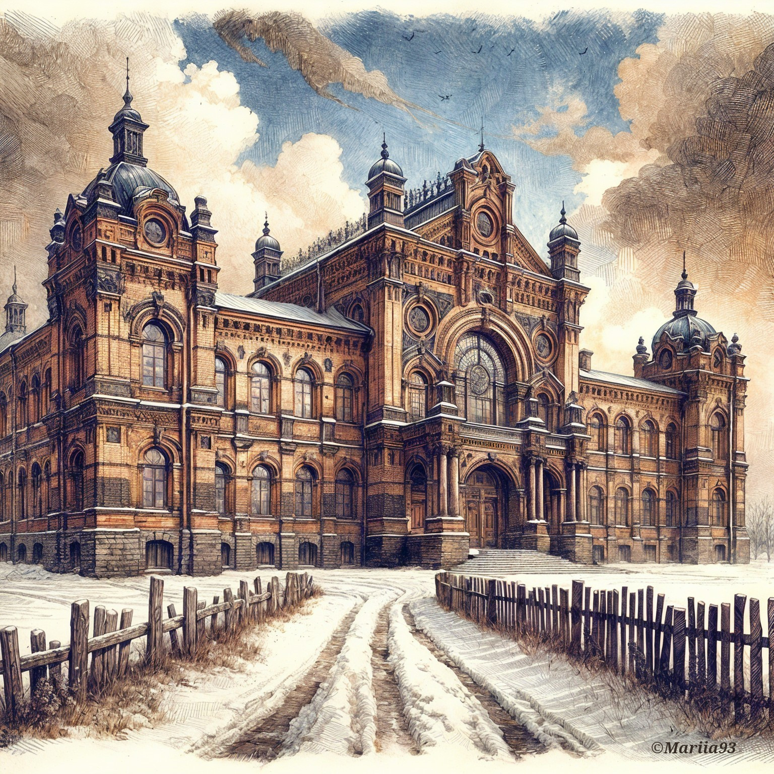 Historic Building with Ornate Architecture in Snow