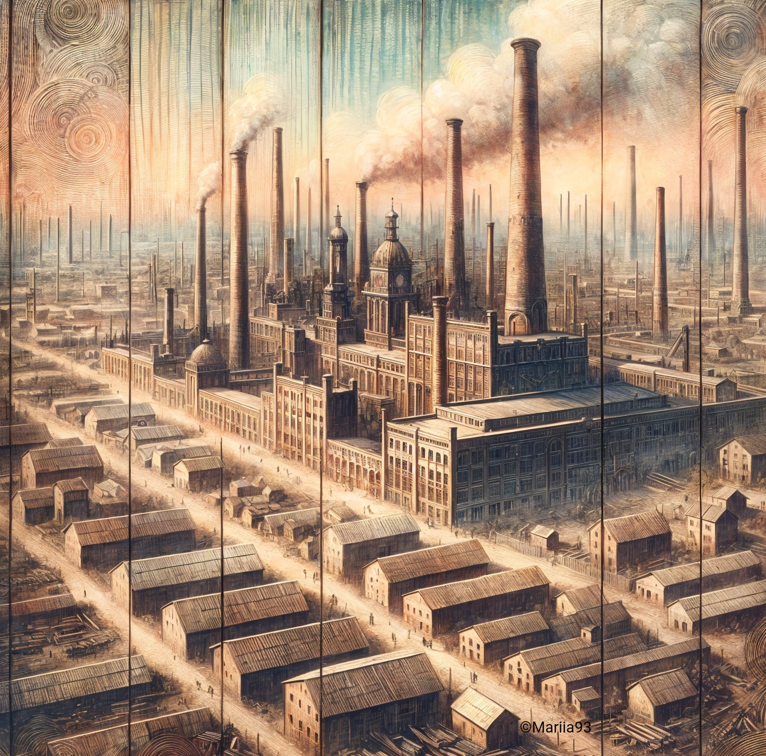Industrial Cityscape with Smokestacks and Warehouses