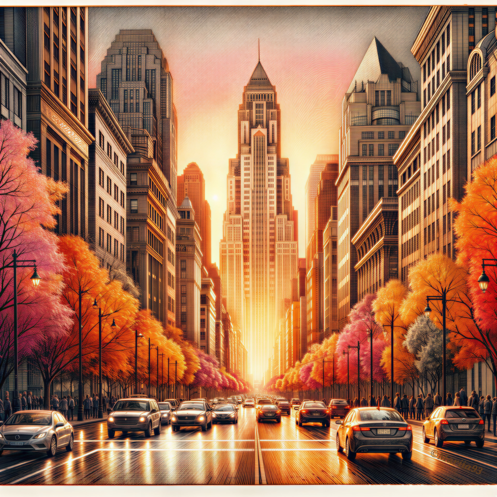 Vibrant Cityscape at Sunset with Art Deco Skyscrapers