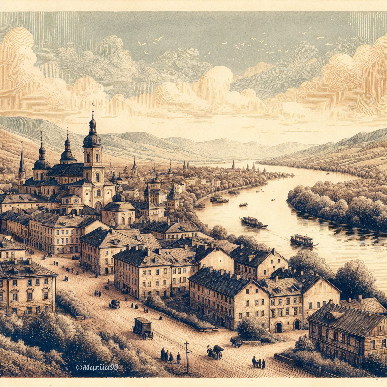 Serene riverside town with traditional architecture