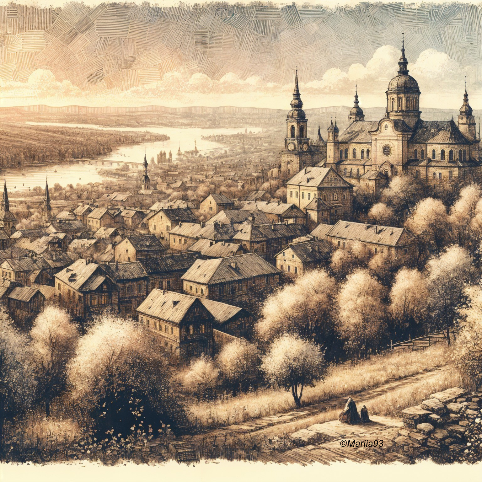 Quaint Town Landscape Along a Serene River