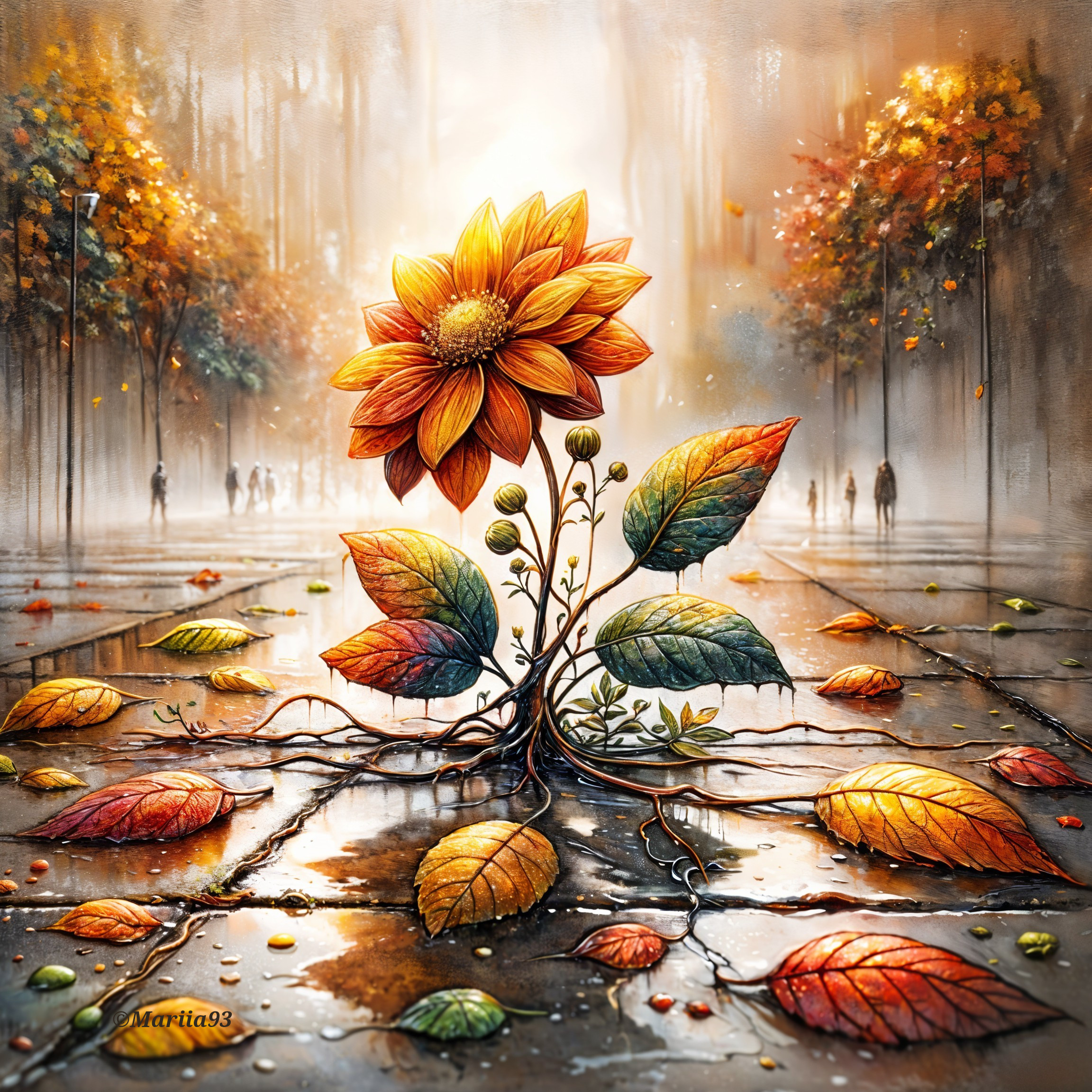 Vibrant Sunflower Amidst Autumn Leaves on Cobblestones