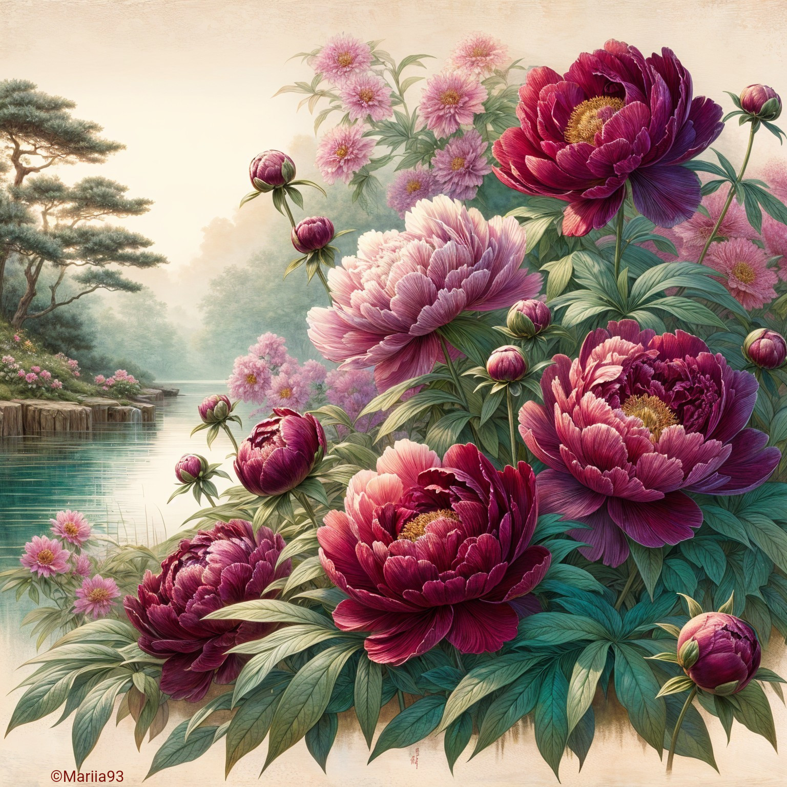 Serene Landscape with Vibrant Peonies and River