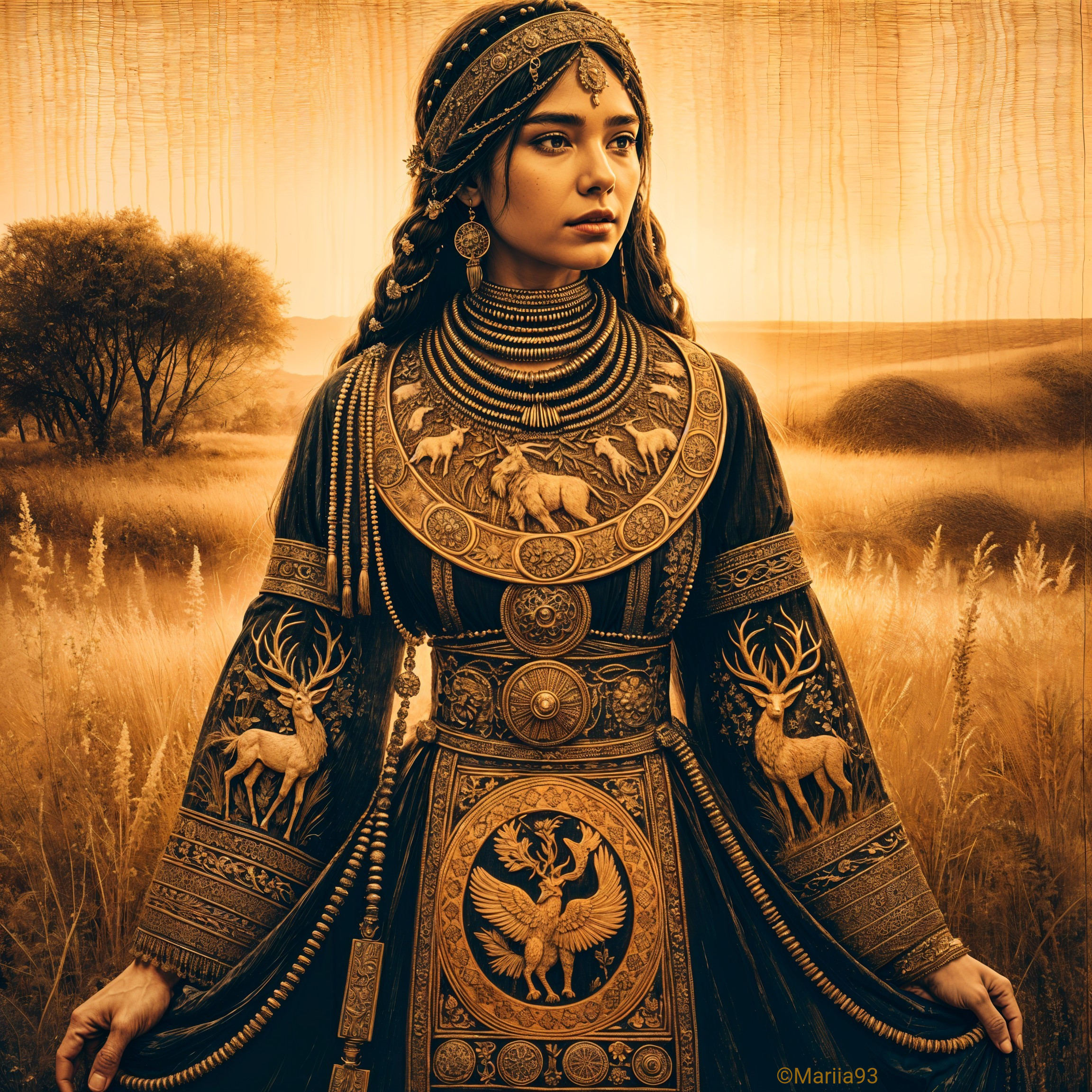 Regal Figure in Traditional Attire in Golden Landscape