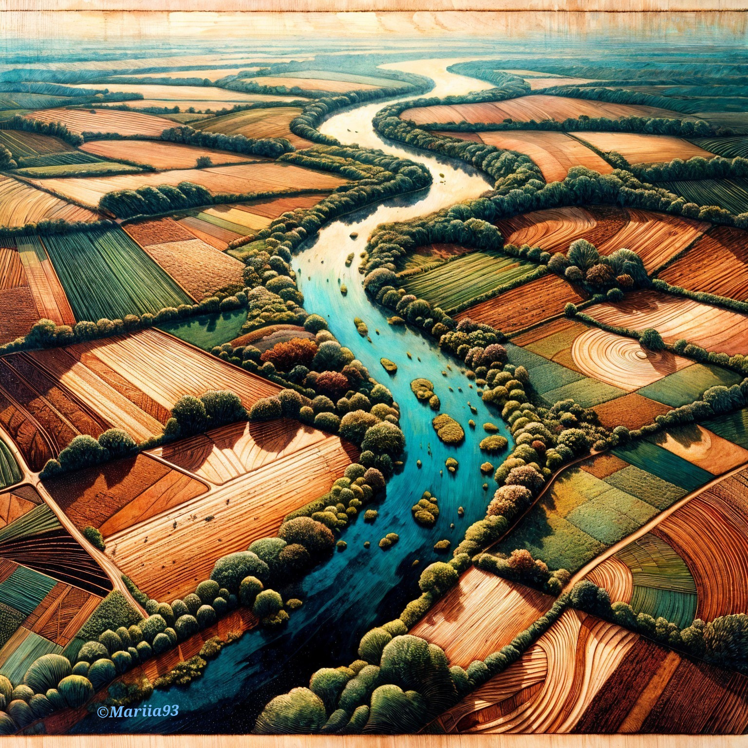 Aerial View of Winding River and Patchwork Fields