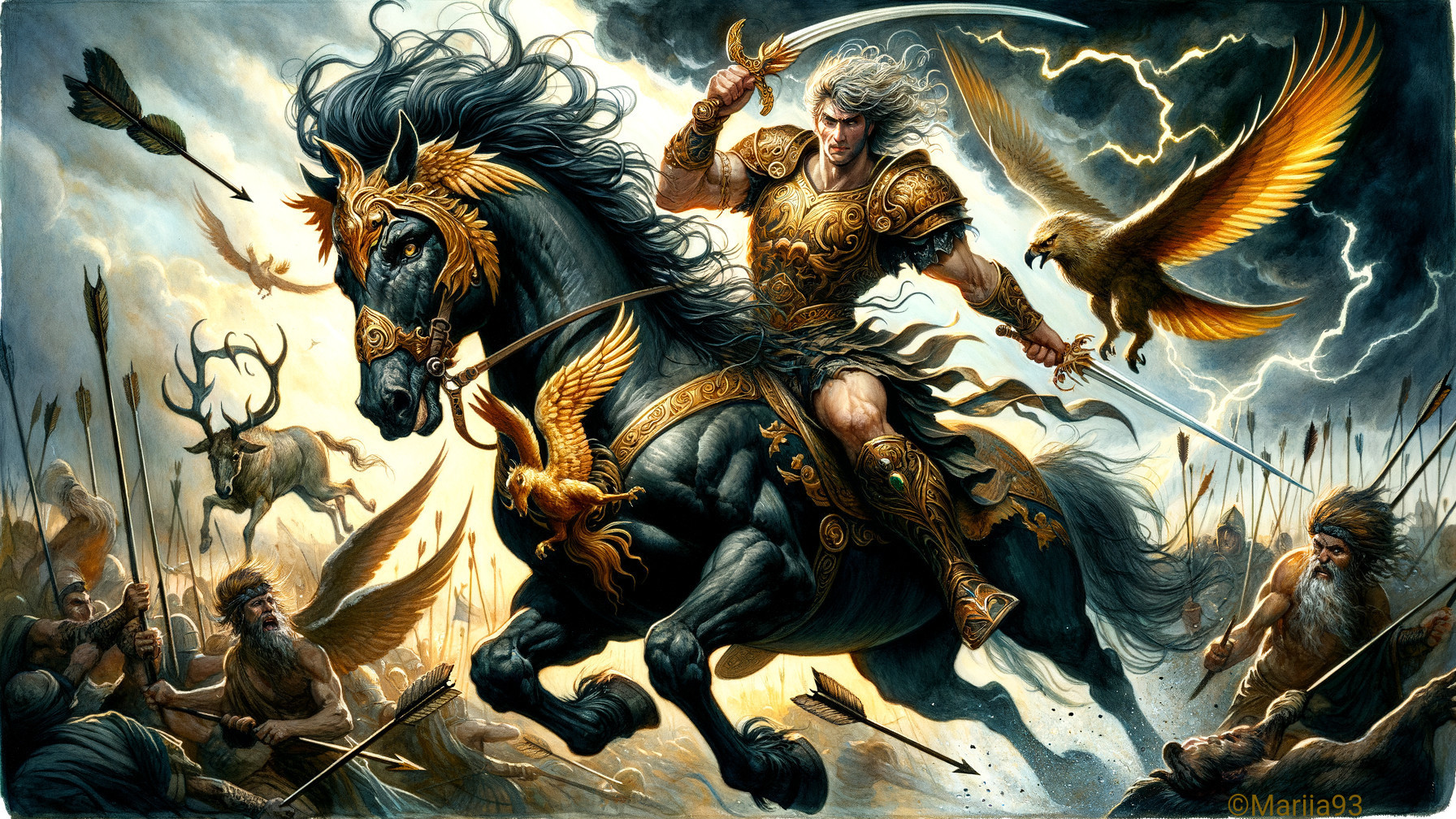 Heroic Figure in Golden Armor on Black Stallion