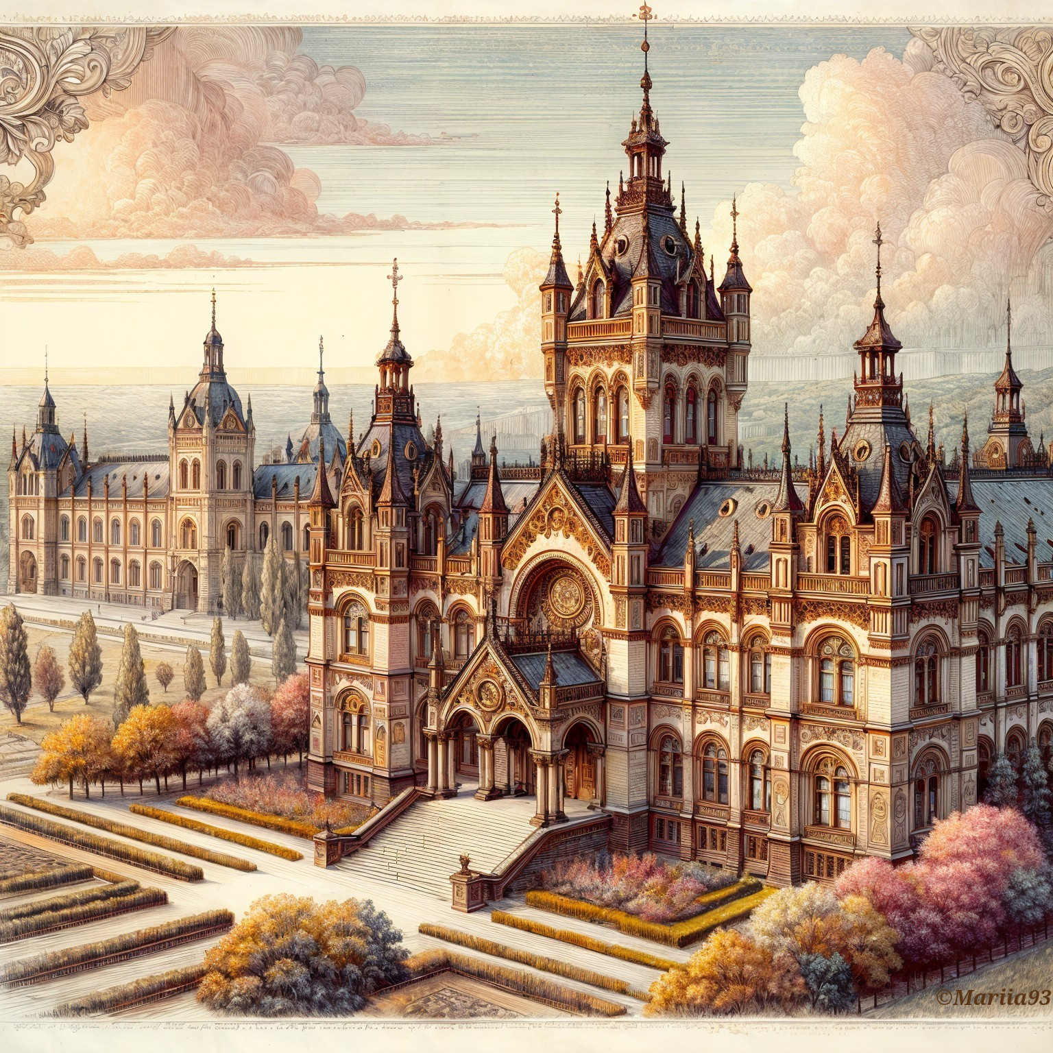 Intricately Designed Castle with Lush Gardens and Towers