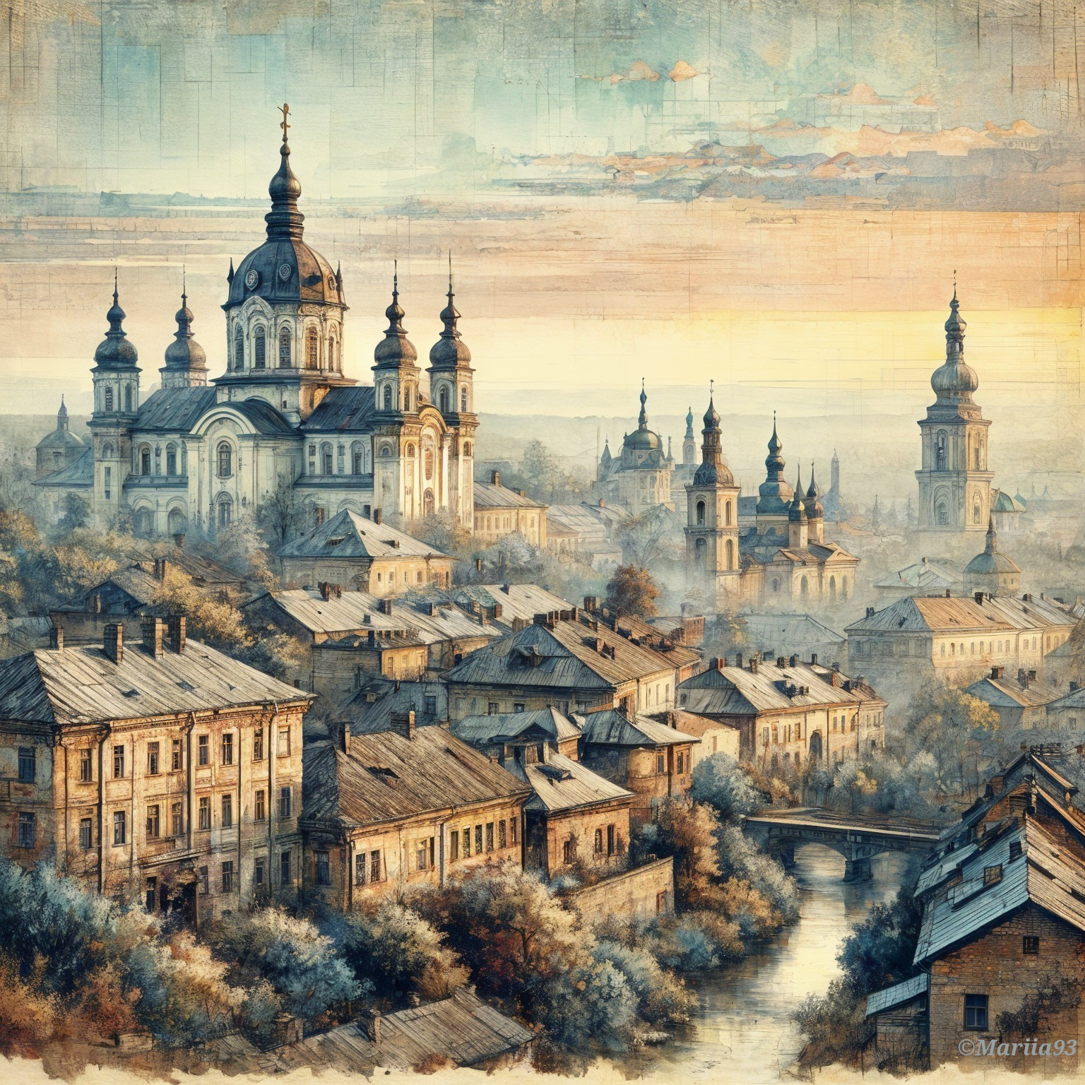 Picturesque Town with Cathedral and Serene Landscape