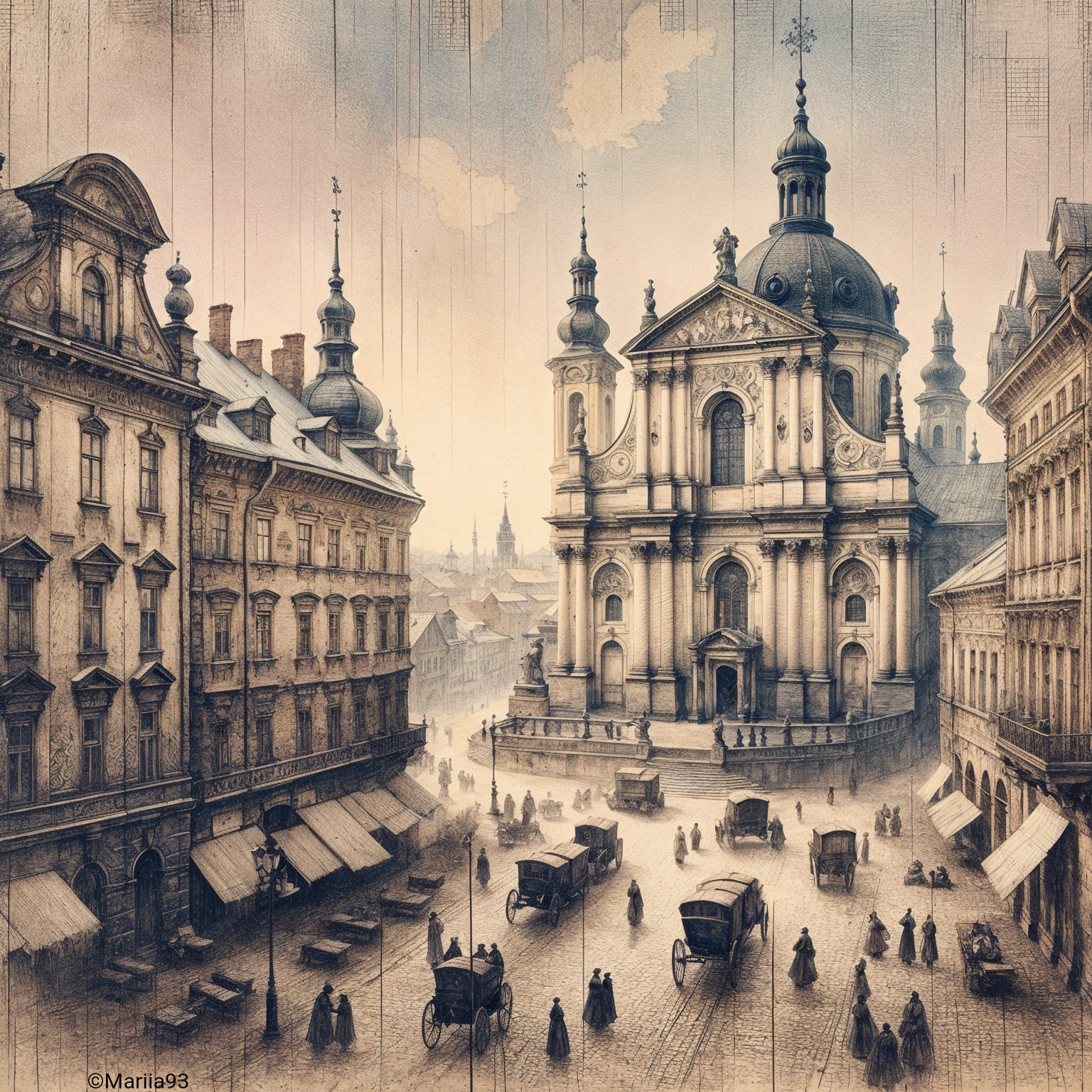 19th-Century City Square with Grand Church and Carriages