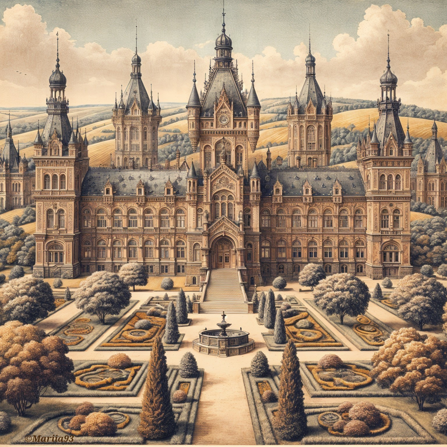 Fairytale Castle Surrounded by Manicured Gardens