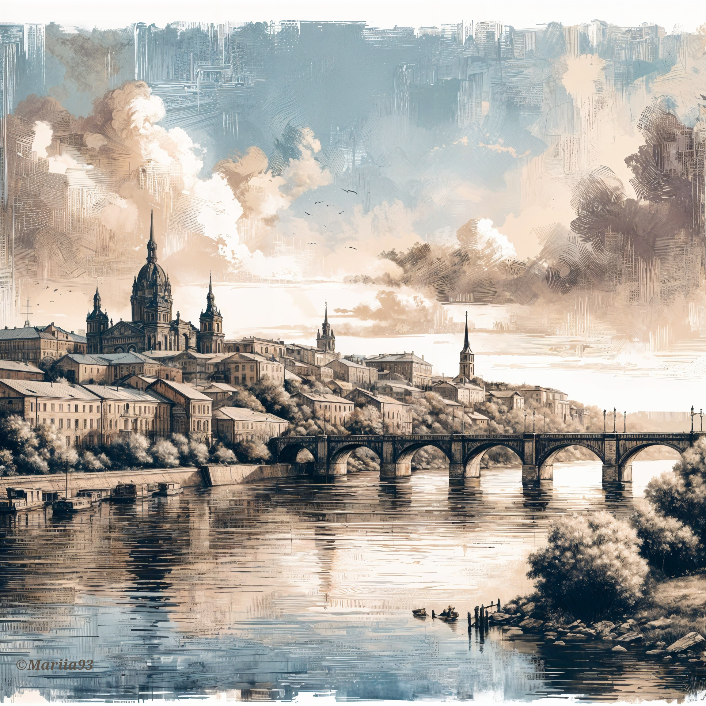 Picturesque Riverside Town with Ornate Architecture