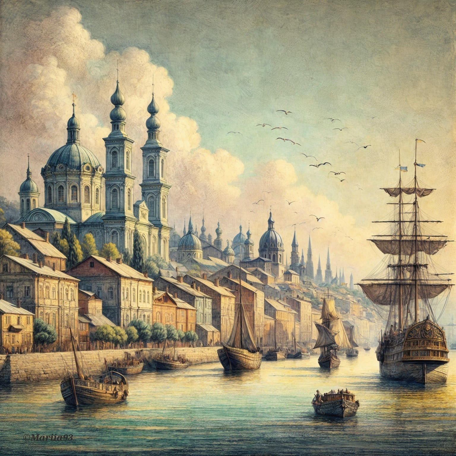 Serene Waterfront Scene with Historic City and Harbor