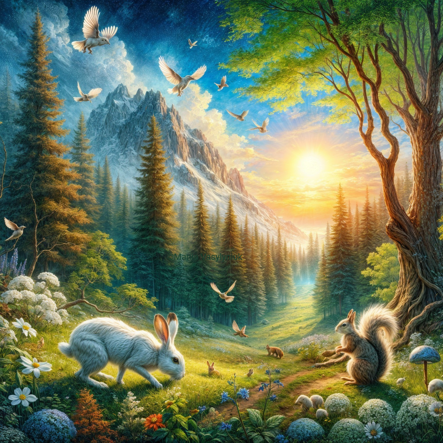 Serene Forest Scene at Sunrise with Wildlife and Flora