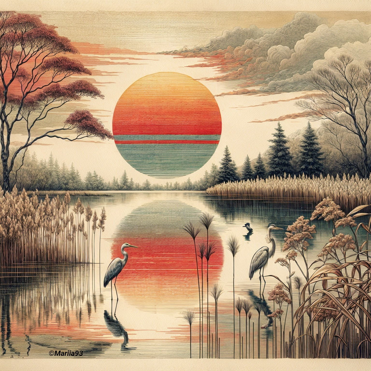 Tranquil Sunset Landscape with Herons and Silhouetted Trees