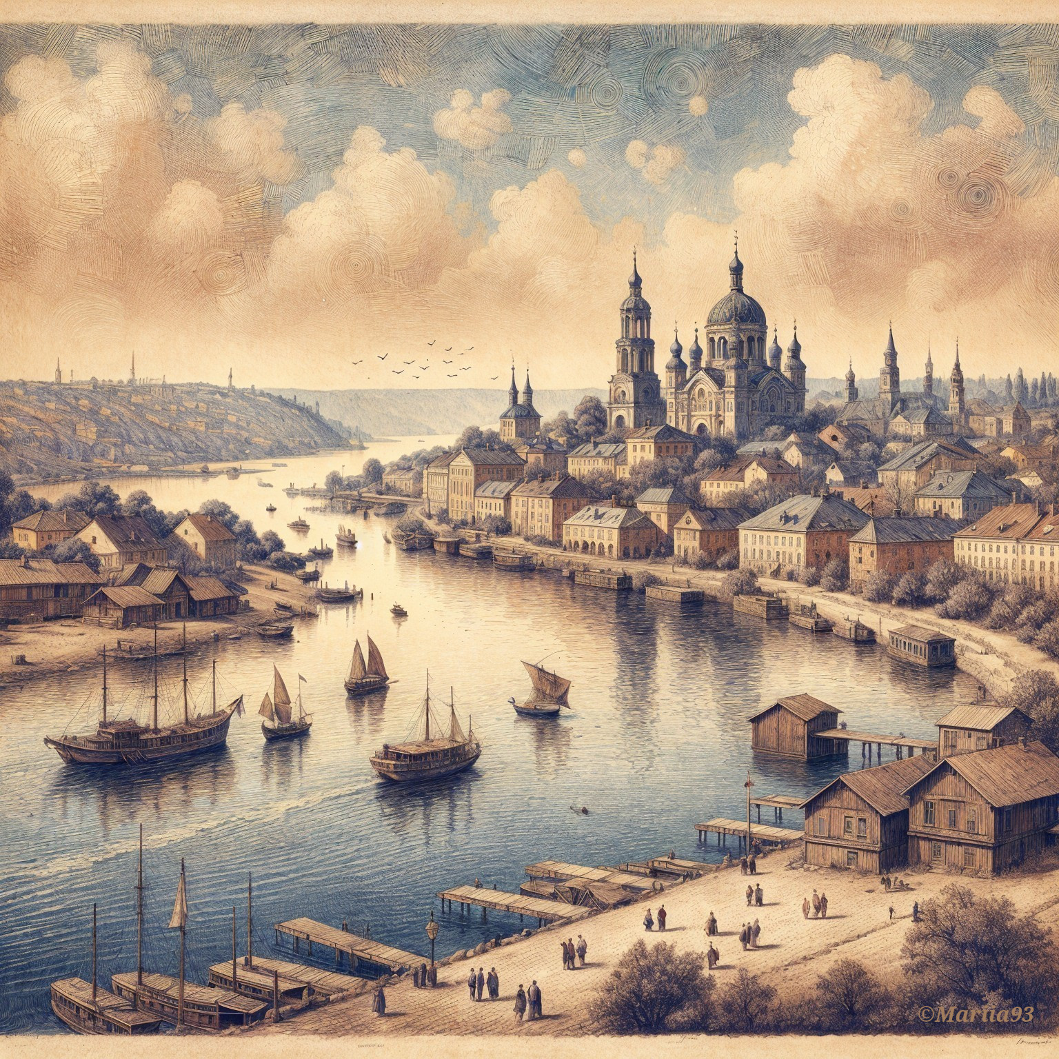 Serene Riverside Town with Elegant Architecture and Boats