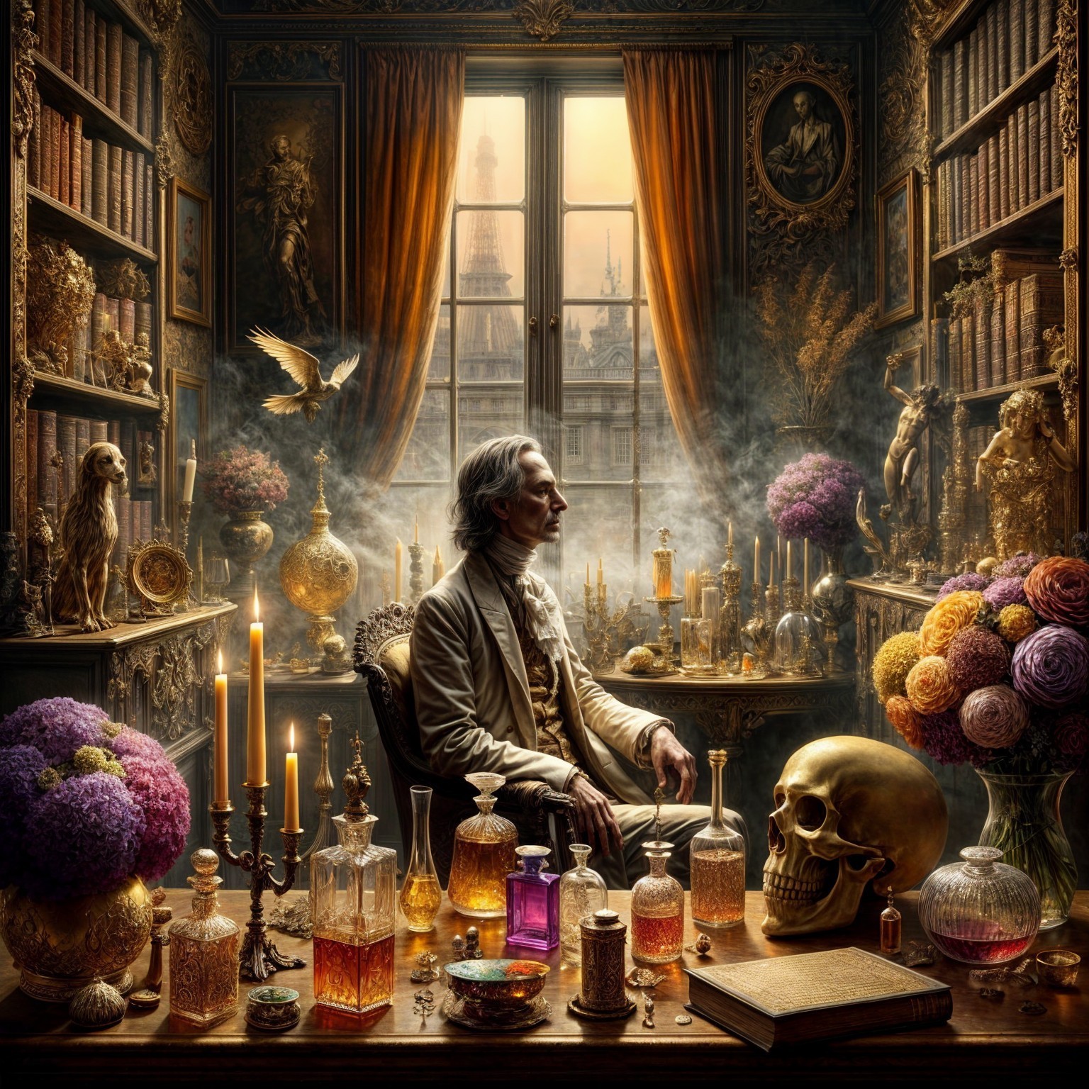Lavish Study with Colorful Potions and Cityscape View
