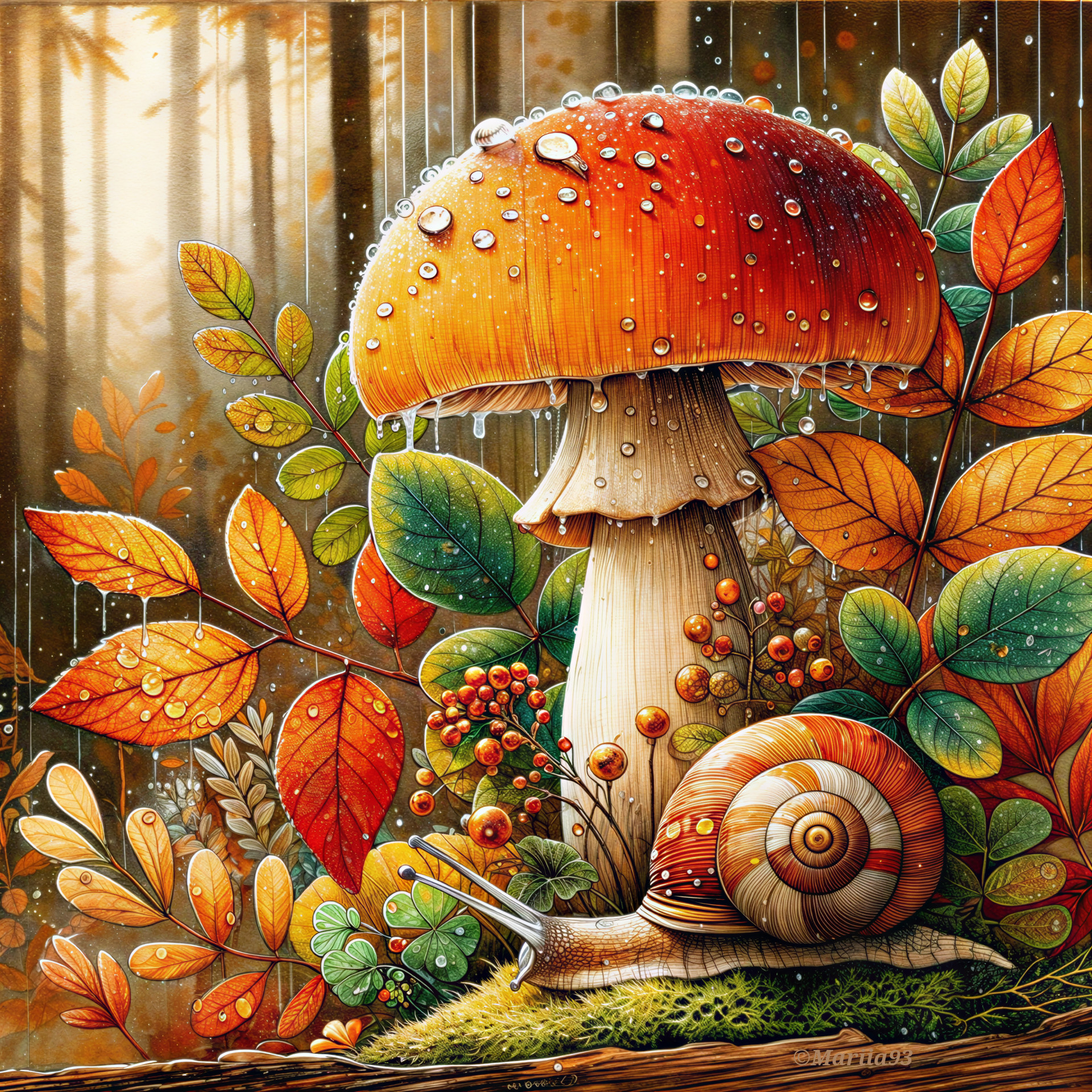 Large Orange-Capped Mushroom in Autumn Forest Scene