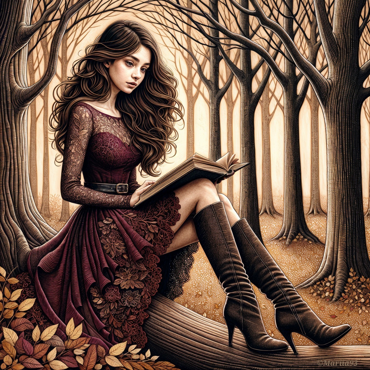 Young Woman Reading in Autumn Forest Setting