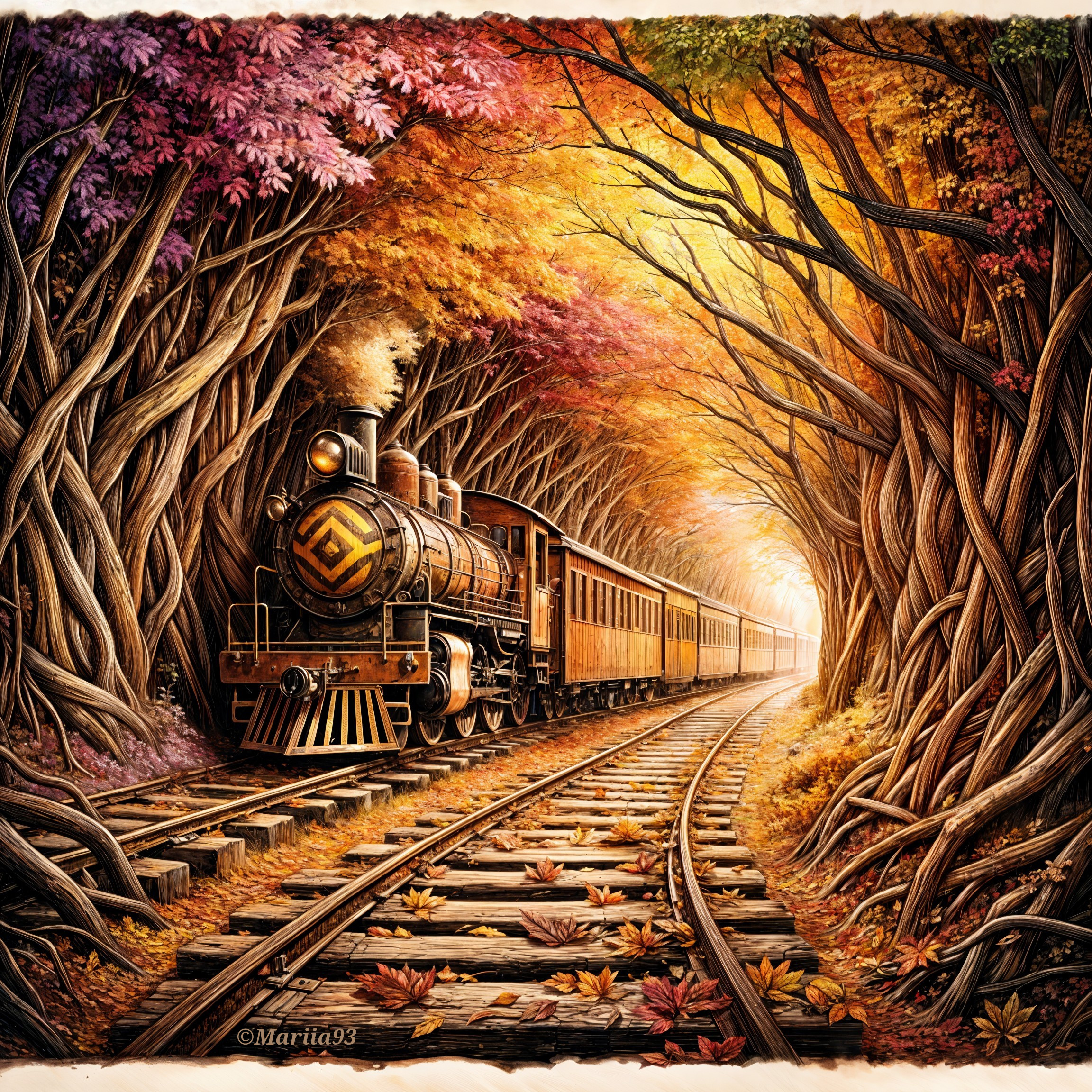 Vintage steam locomotive in autumn tree tunnel