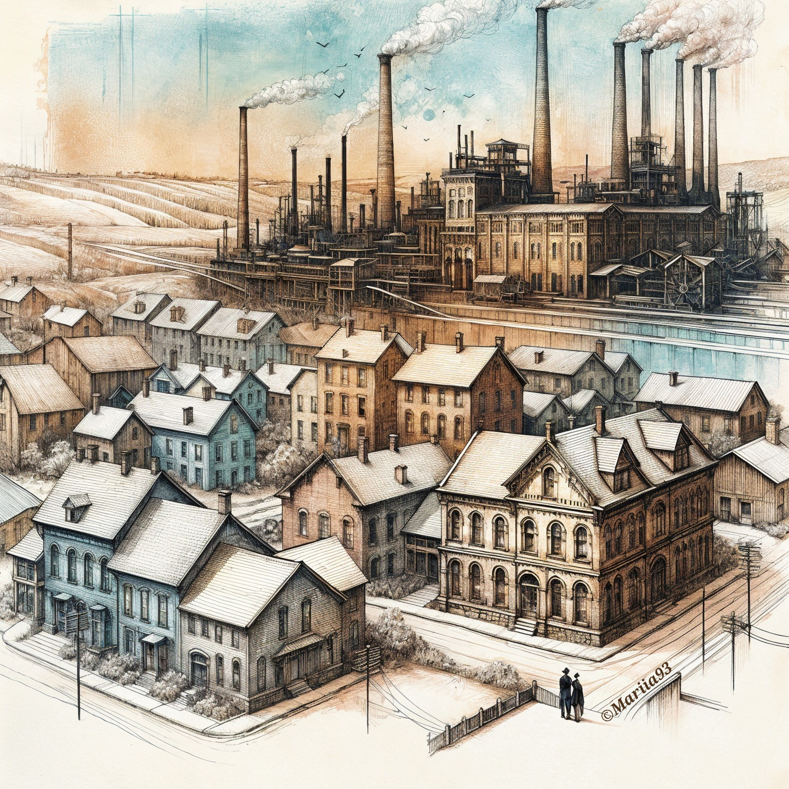 Sepia-Toned Industrial Scene with Pastel Houses