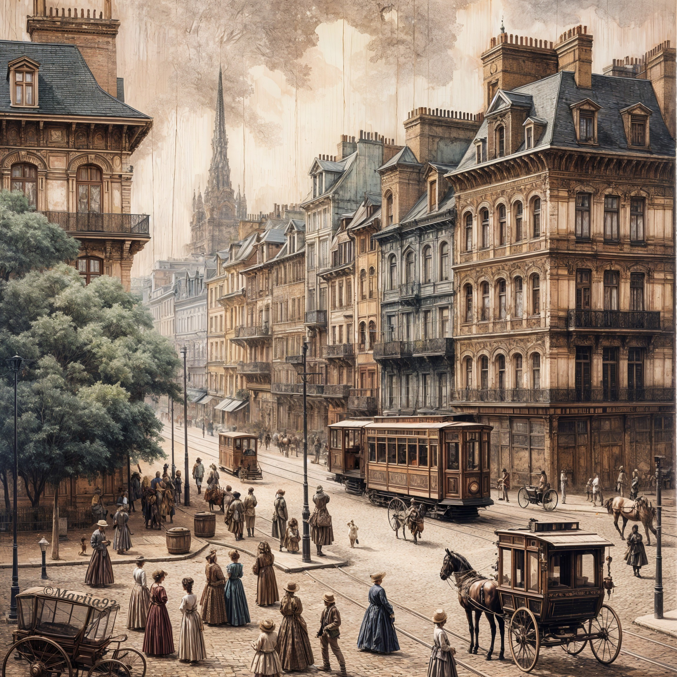 19th-Century City Street with Elegant Buildings and Carriages