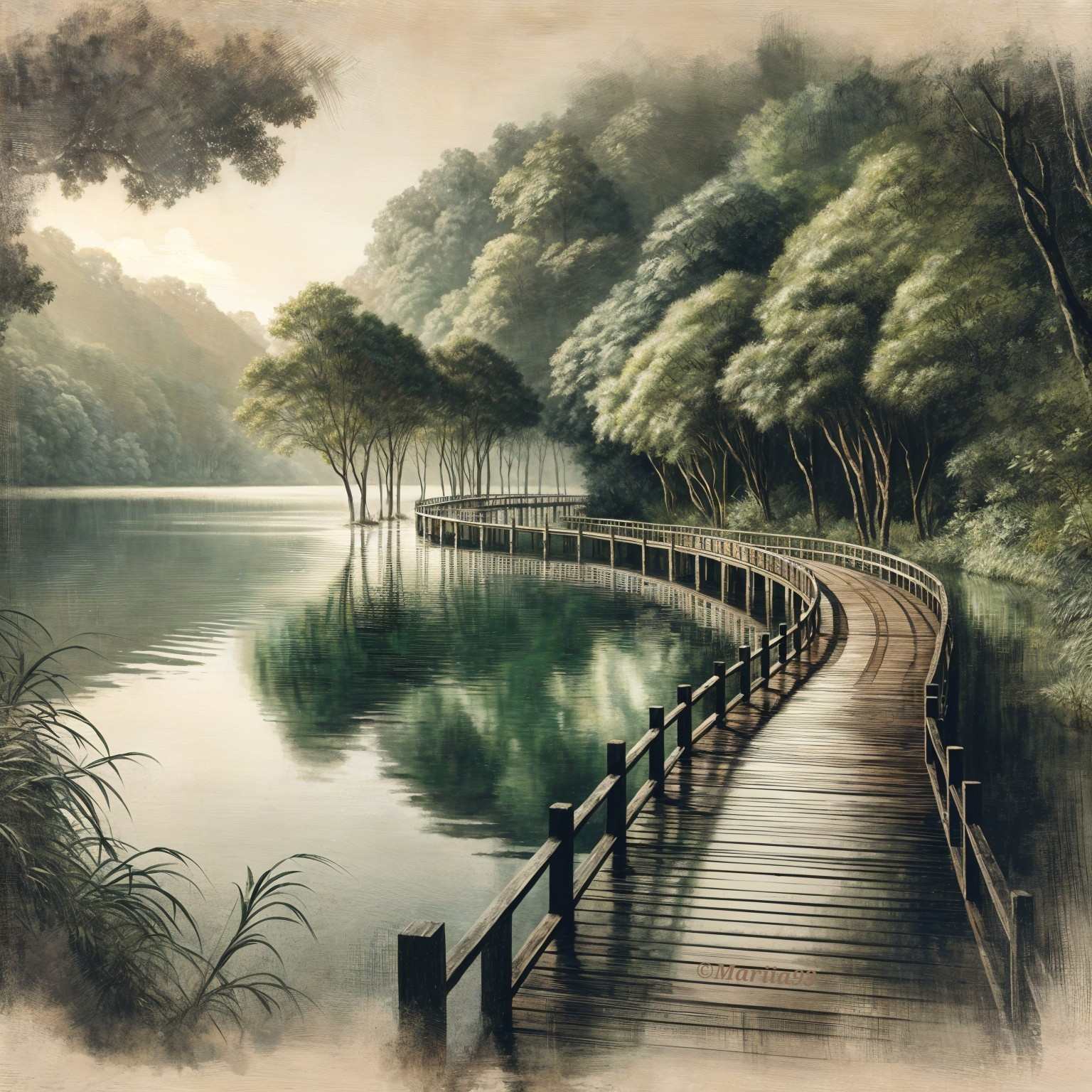 Serene Landscape with Boardwalk by Tranquil Lake