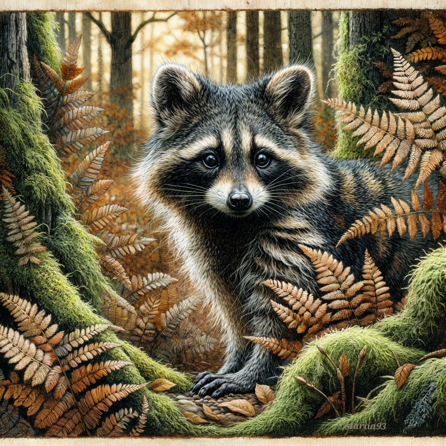 Raccoon in a Lush Forest with Sunlight and Foliage