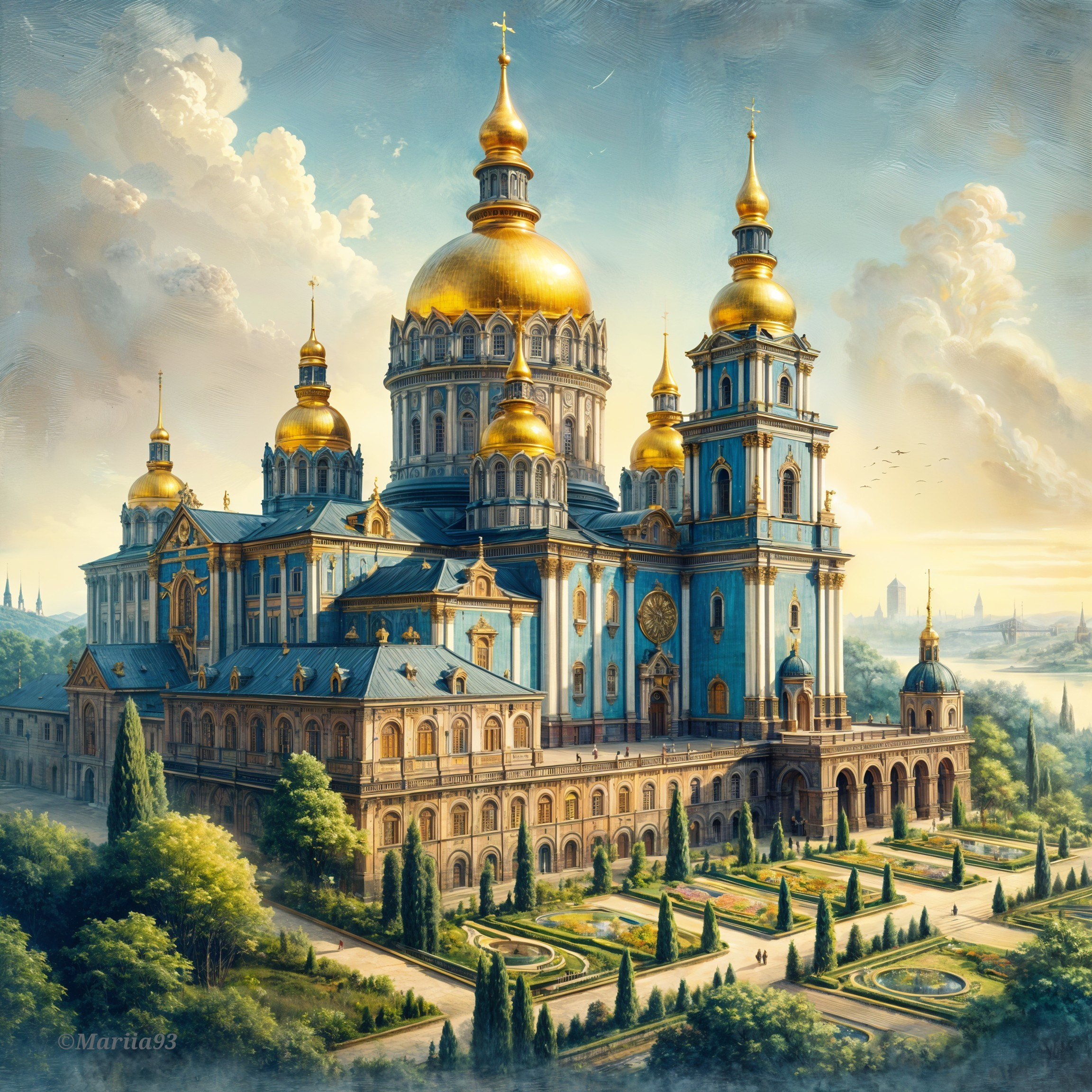 Ornate Palace with Golden Domes and Lush Gardens