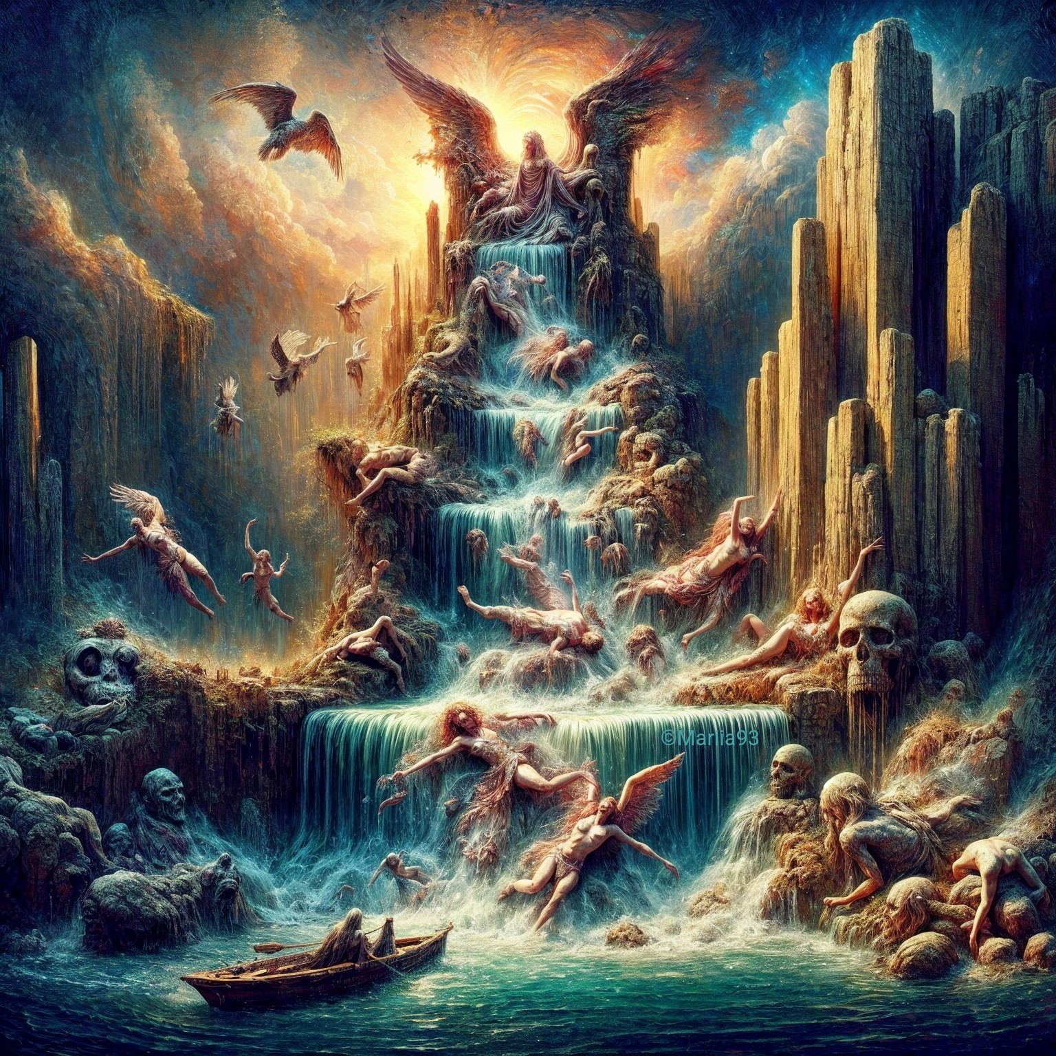 Surreal Landscape with Waterfall and Ethereal Figures