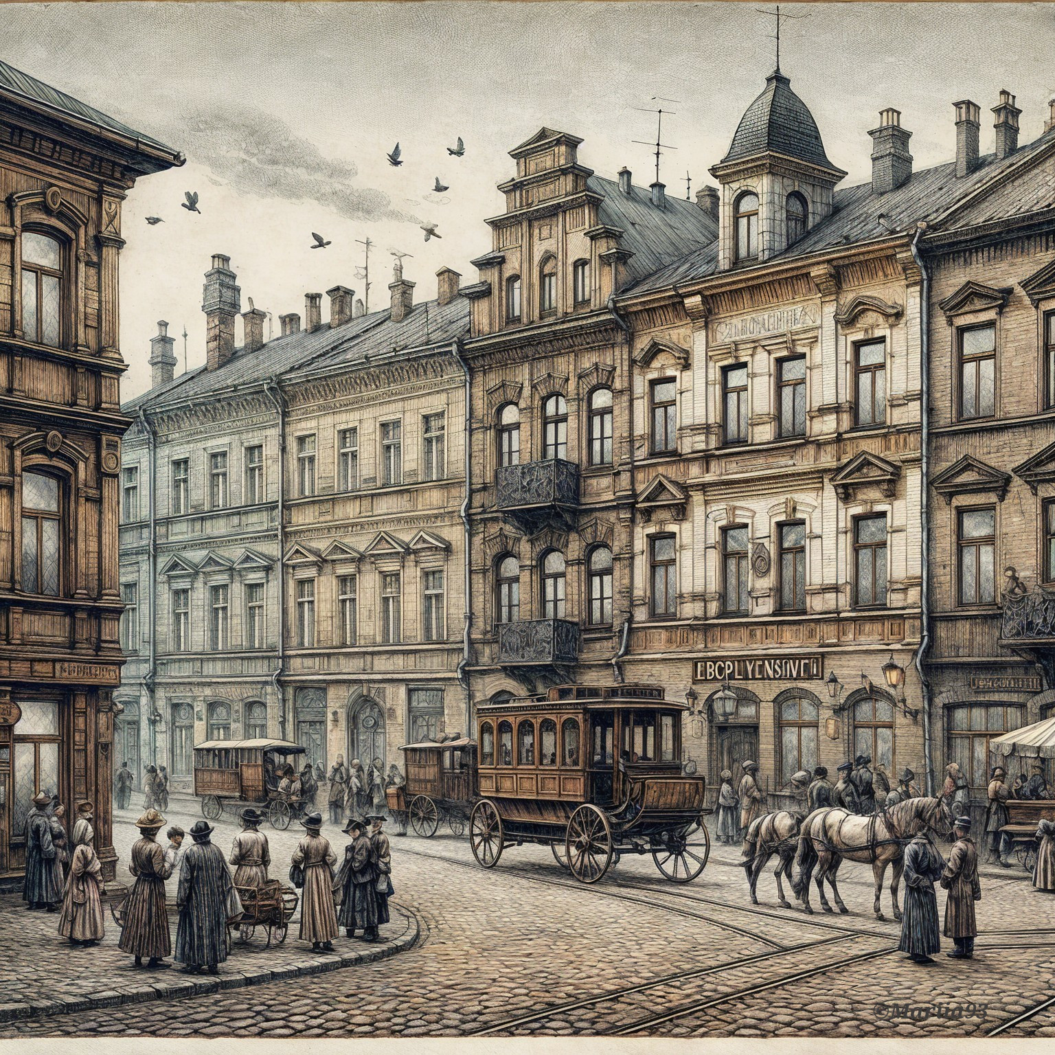 Historic Street Scene with Carriages and Period Fashion