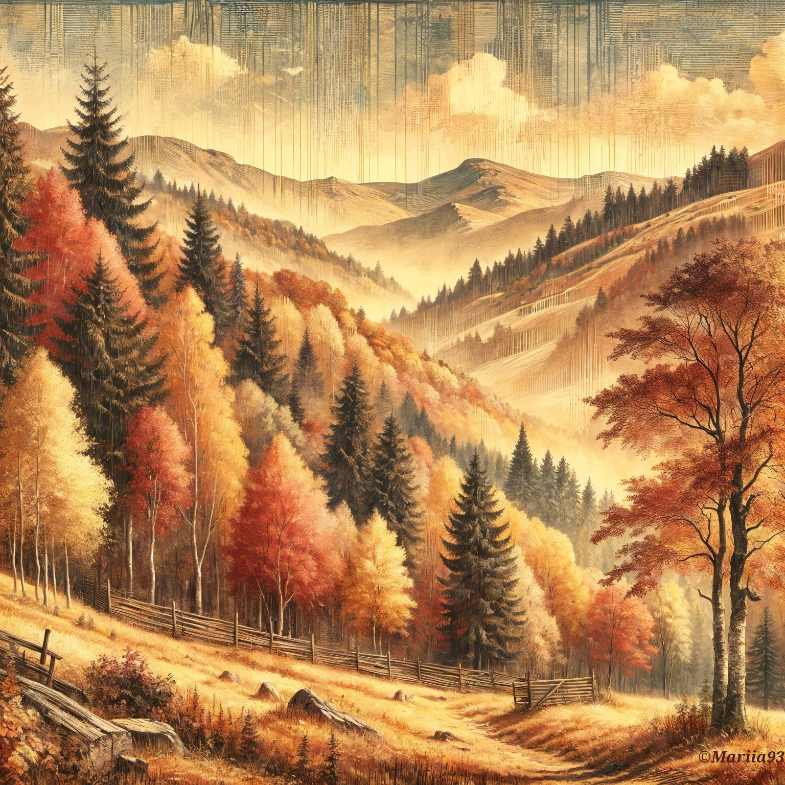Autumn Landscape with Vibrant Trees and Misty Hills