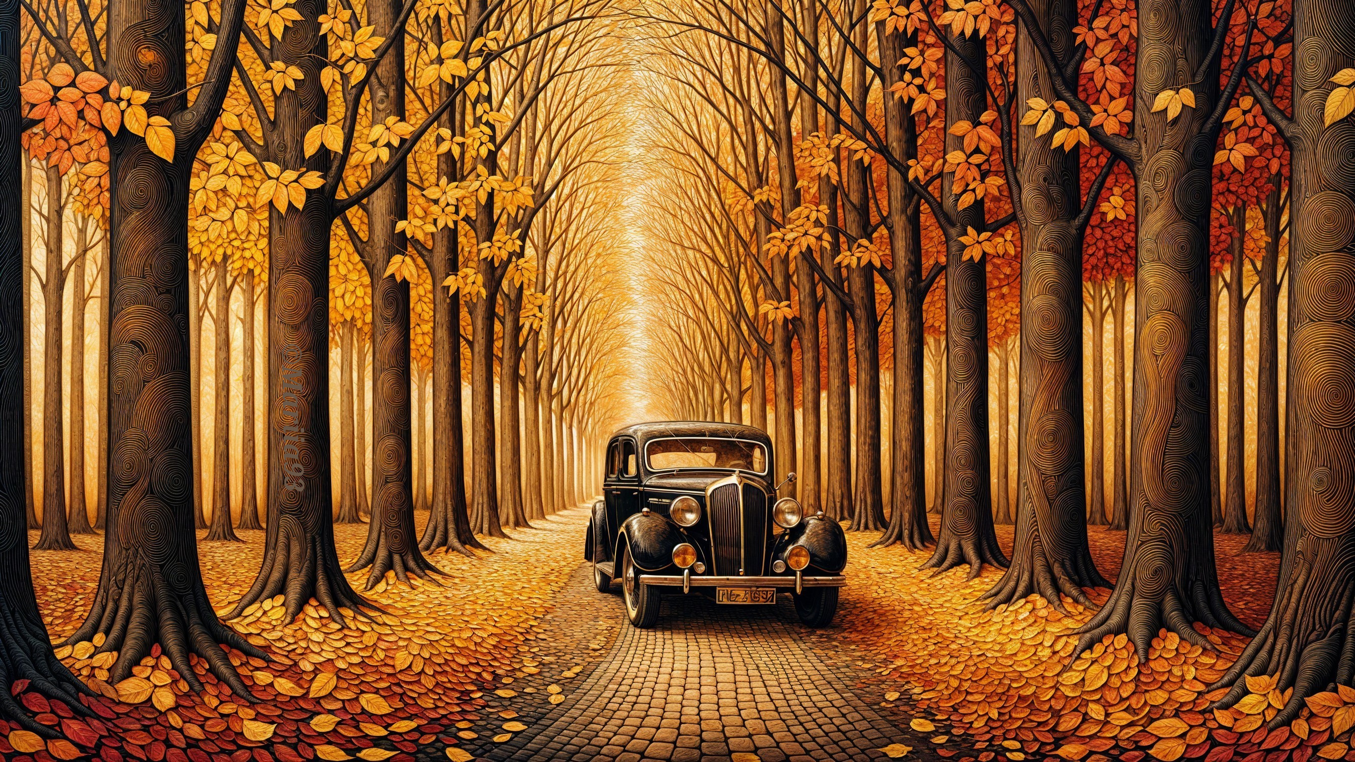 Vintage Black Car on Cobblestone Path in Autumn