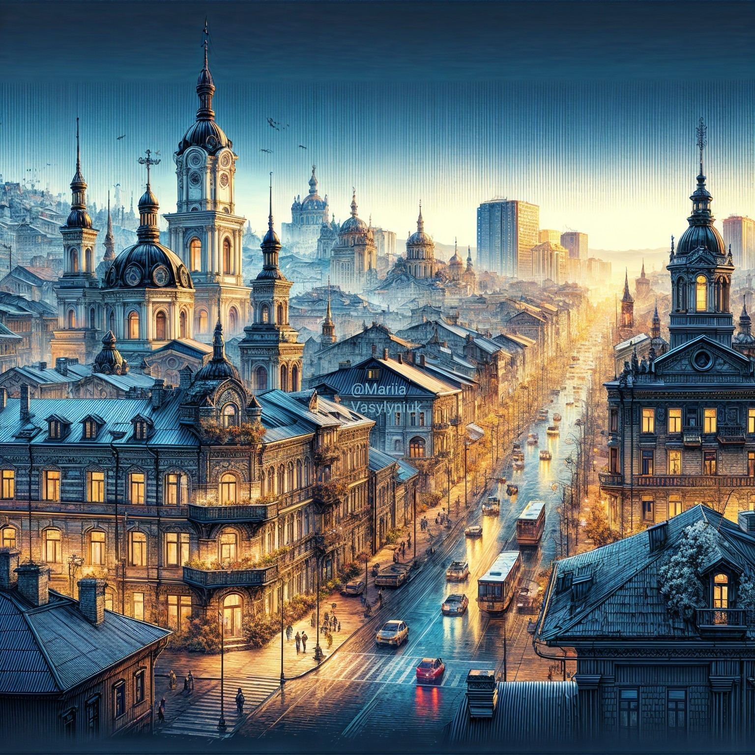 Picturesque Cityscape at Dawn with Architectural Details