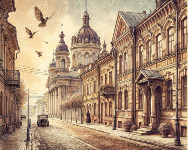 Charming Vintage Street Scene with Sunrise Glow