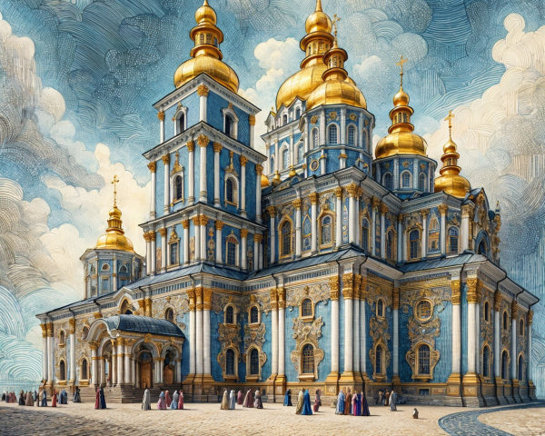 Ornate Cathedral with Golden Domes and Historical Visitors