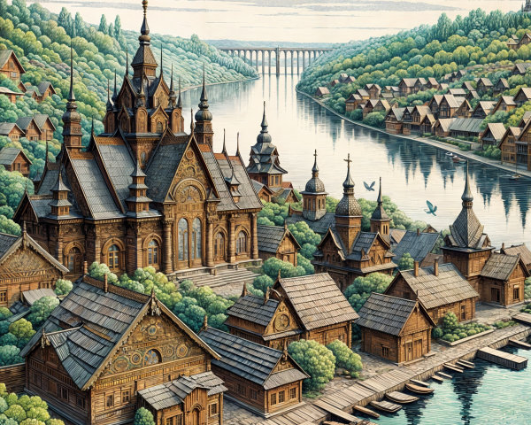 Serene riverside village with ornate wooden architecture